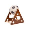 Cat scratcher toy with a black and white sisal ball on a walnut finish wood stand - Solid Wood Triangle Soccer Small