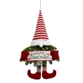 Corona de gnomo de Navidad con luces LED, gorro de rayas rojas blancas y cartel festivo - Rojo
