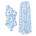Blue and white floral one-shoulder swimsuit set with high-waisted maxi skirt for women - S / Blue White Floral 2-Piece Set