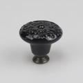 Classic black ceramic furniture knob with embossed flower pattern and metal base - High Base / Black
