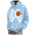 Light blue fleece hoodie featuring a white ribcage and orange pumpkin heart print - S / Tops / Light Blue