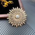 Golden vintage sunflower brooch with white pearl center and sparkling crystals - BZ021 Sharp Leaf Sunflower