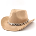 Classic camel faux wool cowboy hat with stylish silver metal chain band detail - M (56-58cm) / Camel