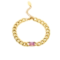 18k gold-plated Cuban link bracelet featuring a pink rectangular gemstone and lobster clasp - C063 Gold Square Pink