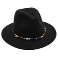 Detail of black wool fedora hat featuring a bohemian colorful beaded braided band decoration - One Size / Black (Obsidian Decoration)