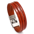 Double-layered reddish brown genuine leather bracelet with a vintage silver metal hook clasp - Tan