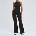 Ensemble de yoga noir deux pièces avec haut dos nu et legging évasé à taille haute - S / Noir Premium (Col Rond)