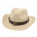Chapeau de cowboy en paille kaki avec bandeau ethnique en cuir et décoration en métal - Beige / Taille unique