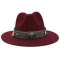 Detail of wine red felt fedora hat featuring turquoise stone and bohemian beaded band - Wine Red (Ethnic Decorative Band)
