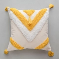 Moroccan style beige throw pillow case with yellow tufted V-pattern and corner tassels - Style E-Yellow V-Shape Tassel Tufted