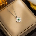Minimalist silver necklace with shell four-leaf flower pendant and green stone - 8802 Steel Green