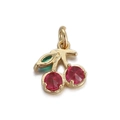 14k gold plated cherry pendant charm with red gemstones and green leaf on white background - Double Stone Red Cherry