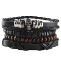 Close-up of multilayer leather bracelet with skull charm and wooden beads on white background - Style 3/Black Leather Multi-layer Wood Beads Skull Combo Bracelet