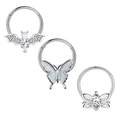 Set of 3 stainless steel nose rings with bat, butterfly and flower crystal designs - 1.2x8mm / Silver Bat Butterfly Floral Style (Set 8)