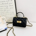 Mini black quilted crossbody bag with top handle and gold chain strap for kids - Black
