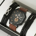 Macro view of a square quartz watch set with orange accents and leather bracelets in a gift box - HK045 Watch & Bracelet Collection (Without Box) / Brown