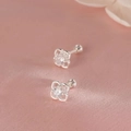 Silver plated four-petal flower stud earrings with clear zircon and screw ball back - Four-petal Flower Rhinestone Style (A223)