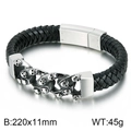 Men's punk leather bracelet with stainless steel skull chain link in silver and black - Skull Style (KB67841-BD)