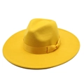 Fashionable ginger yellow wide brim wool felt jazz hat with silk bow ribbon for men and women - M / Yellow