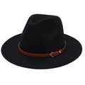 Detail of black cashmere fedora hat with a thin brown leather belt and gold metal buckle - M (56-58cm) / Black