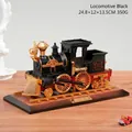 Retro black steam locomotive music box with gold details and wooden base, 24.8x12x13.5cm - Black Train Engine Music Box