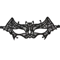 Close-up of black lace eye mask featuring a bat shape and intricate hollow patterns - Bat