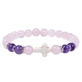 Bracciale elastico con perle di cristallo rosa e viola da 8mm e croce turchese - Carta di Benedizione (Bless) / Bracciale in Ametista e Quarzo Rosa