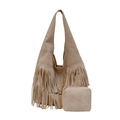 Bohemian beige suede fringe tote bag set with matching small zipper pouch - Khaki