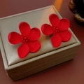 Matte red five-petal flower stud earrings displayed on a champagne gold jewelry box - 56# Silver Needle - Red - Flower