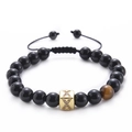 Macro view of onyx tiger eye beads with micro-paved zircon letter charm on adjustable cord - Letter X-Black Agate Bracelet