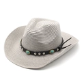 Detailed close-up of woven straw cowboy hat with turquoise stone leather band - Gray