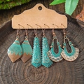 Retro 3-piece earring set with turquoise and bohemian geometric fringe on wood back - Vintage Water Drop Sunflower Style (HQEF-0377)