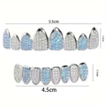 Hiphop grillz set with white and light blue cubic zirconia stones in silver plating - 8-Teeth Full Set (with Molding Bar) / Blue and White Zirconia