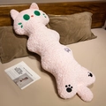 Pink long cat plush pillow with soft textured fabric and big green eyes in bedroom setting - Pink Cat / 90cm