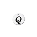 Macro view of mirror polished stainless steel round tag with black letter Q engraving - Letter Q
