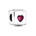 S925 sterling silver cube charm bead with a sparkling red heart-shaped gemstone - S925 Red Heart Gemstone Cube Bead (ALE Engraving)
