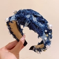 Navy blue denim knotted headband with scattered pearls and vintage golden ornaments - Dark Blue Denim Pearl Headband