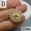 Detailed macro view of 23mm gold sunflower pendant with religious relief and white zirconias - Style D-Sunburst Virgin (23mm)