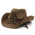 Chapeau de cow-boy en paille marron avec perles ethniques et large bord pare-soleil - M (56-58cm) / café
