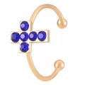 Golden cross ring with dark blue rhinestones in a minimalist open design for women - KC Gold Blue Cross Style (N-856)