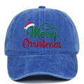 Close-up of Merry Christmas embroidery and santa hat on blue washed denim baseball cap - Adjustable / Sapphire Blue