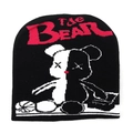 Gothic style knit beanie with pink THE BEAR text and black-white bear graphic - L(58-62cm) / Black