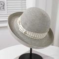 Detailed view of grey straw hat with polka dot ribbon and gold MISS logo plaque - M (56-58cm) / Gray Polka Dot Upturned Wide Brim Straw Hat