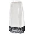 Elegant white satin midi skirt with wide black lace trim hem on a mannequin - S / White