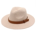 Chapeau de plage fedora classique en paille tressée beige avec ruban en cuir marron - M (56-58cm) / Rose