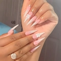 Roze en witte ombre stiletto kunstnagels met decoratieve witte 3D-harsstrikjes - Roze Witte Ombre Strik Stiletto Stijl (Lijmtype)