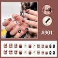 Brown plaid press-on nails with cute puppy and bowknot designs, 24-piece full set - Cartoon Dog Plaid Style (A901)