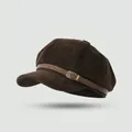 Classic dark brown faux suede octagonal newsboy cap with vintage belt detail - One Size / Belt Suede-Camel