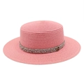 Close-up of pink woven boater hat featuring a crystal band and metallic M letter accent - M (56-58cm) / Dusky Pink