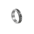 Detail of rotating stainless steel spinner ring featuring black wave pattern on silver band - 6MM Sea Wave
